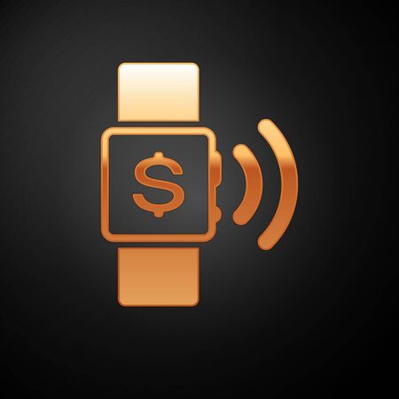 Gold Contactless payment icon isolated on black background. Smartwatch with nfc technology making wireless contactless transactions. Vector Illustrationのイラスト素材