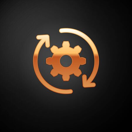 Gold Gear and arrows as workflow concept icon isolated on black background. Gear reload sign. Vector Illustrationのイラスト素材