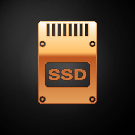 Gold SSD card icon isolated on black background. Solid state drive sign. Storage disk symbol. Vector Illustrationのイラスト素材