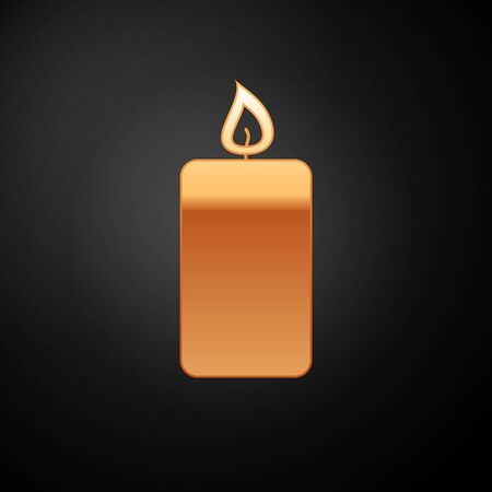 Gold Burning candle icon isolated on black background. Old fashioned lit candle. Cylindrical aromatic candle stick with burning flame. Vector Illustrationのイラスト素材