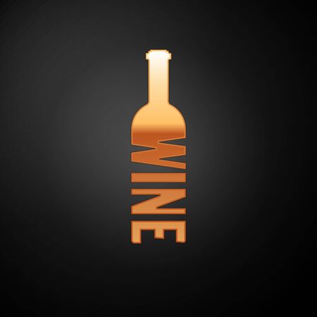 Gold Bottle of wine icon isolated on black background. Lettering bottle of wine. Vector Illustrationのイラスト素材