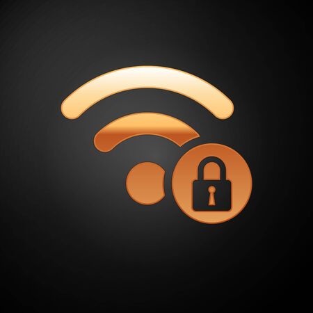 Gold Wifi locked sign icon isolated on black background. Password Wi-fi symbol. Wireless Network icon. Wifi zone. Vector Illustrationのイラスト素材