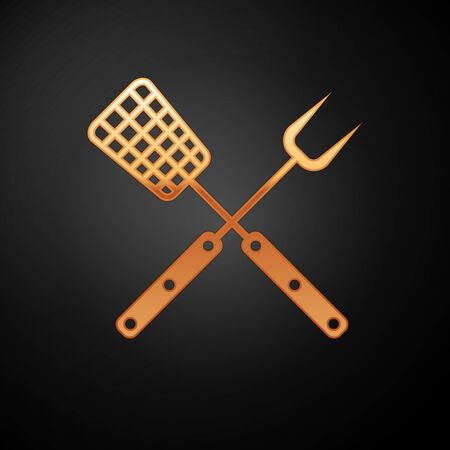 Gold Crossed fork and spatula icon isolated on black background. BBQ fork and spatula sign. Barbecue and grill tools. Vector Illustrationのイラスト素材