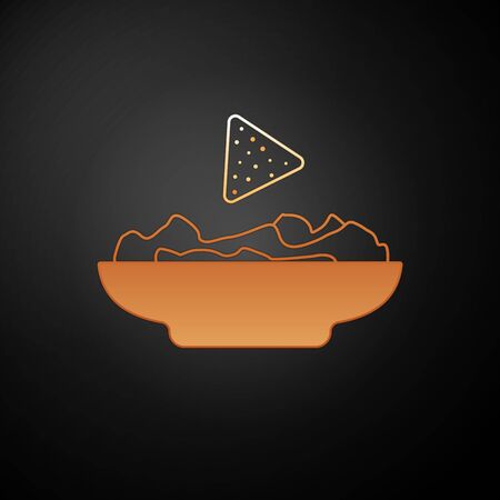 Gold Nachos in plate icon isolated on black background. Tortilla chips or nachos tortillas. Traditional mexican fast food. Vector Illustrationのイラスト素材