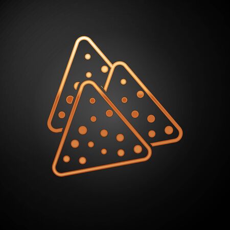 Gold Nachos icon isolated on black background. Tortilla chips or nachos tortillas. Traditional mexican fast food. Vector Illustrationのイラスト素材