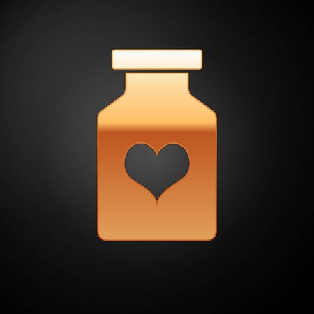 Gold Medicine bottle with pills for potency, aphrodisiac icon isolated on black background. Sex pills for men and women. Vector Illustrationのイラスト素材
