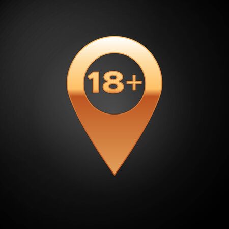 Gold Map pointer with 18 plus icon isolated on black background. Age restriction symbol. 18 plus content sign. Adults content only icon. Vector Illustrationのイラスト素材