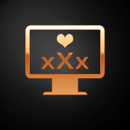 Gold Computer monitor with 18 plus content heart icon isolated on black background. Age restriction symbol. XXX content sign. Adult channel. Vector Illustrationのイラスト素材