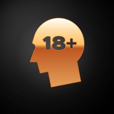 Gold Human head with inscription 18 plus icon isolated on black background. 18 plus content sign. Adults content only icon. Vector Illustrationのイラスト素材
