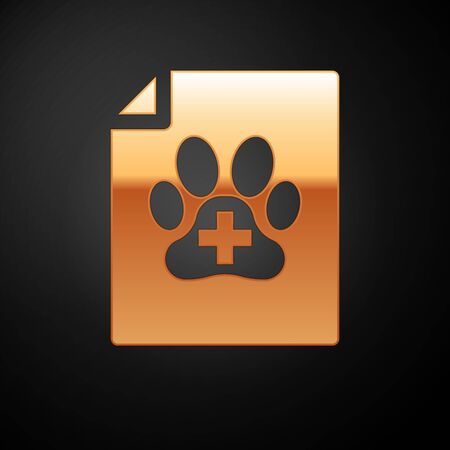 Gold Medical certificate for travel with dog or cat icon isolated on black background. Document for pet. Dog or cat paw print. Vector Illustrationのイラスト素材