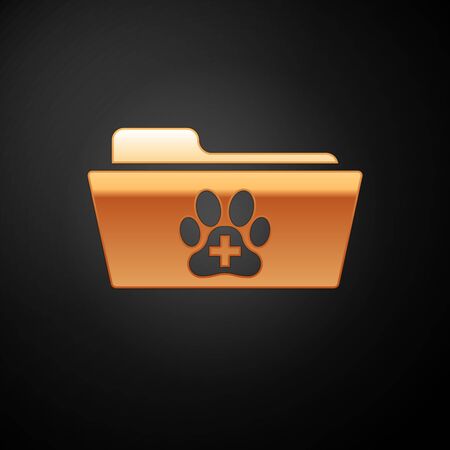 Gold Medical veterinary record folder icon isolated on black background. Dog or cat paw print. Document for pet. Patient file icon. Vector Illustrationのイラスト素材
