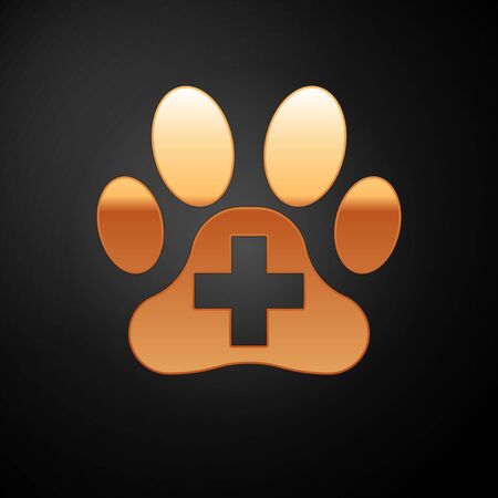 Gold Veterinary clinic symbol icon isolated on black background. Cross hospital sign. A stylized paw print dog or cat. Pet First Aid sign. Vector Illustrationのイラスト素材