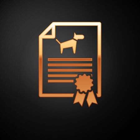 Gold Medical certificate for travel with dog or cat icon isolated on black background. Document for pet. Dog or cat paw print. Vector Illustrationのイラスト素材