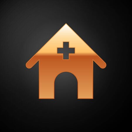 Gold Veterinary medicine hospital, clinic or pet shop for animals icon isolated on black background. Vet or veterinarian clinic. Vector Illustrationのイラスト素材
