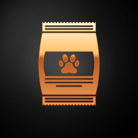 Gold Bag of food for pet icon isolated on black background. Food for animals. Pet food package. Dog or cat paw print. Vector Illustrationのイラスト素材
