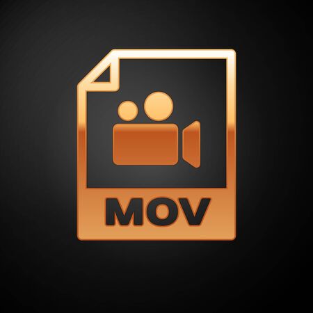 Gold MOV file document icon. Download mov button icon isolated on black background. MOV file symbol. Audio and video collection. Vector Illustrationのイラスト素材