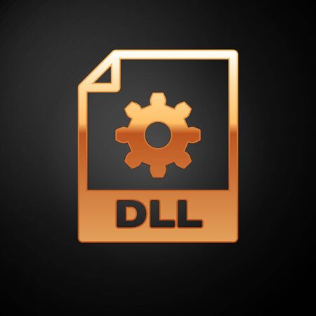 Gold DLL file document icon. Download dll button icon isolated on black background. DLL file symbol. Vector Illustrationのイラスト素材