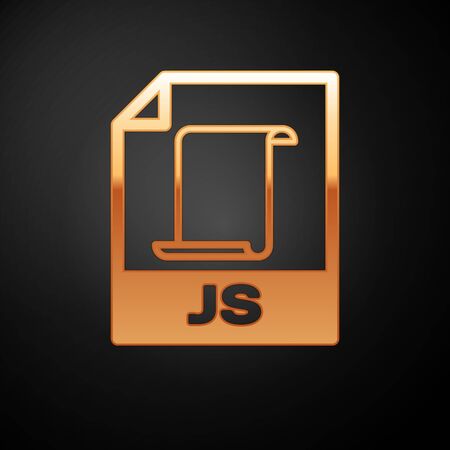 Gold JS file document icon. Download js button icon isolated on black background. JS file symbol. Vector Illustrationのイラスト素材