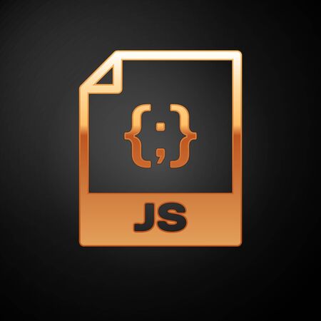 Gold JS file document icon. Download js button icon isolated on black background. JS file symbol. Vector Illustrationのイラスト素材
