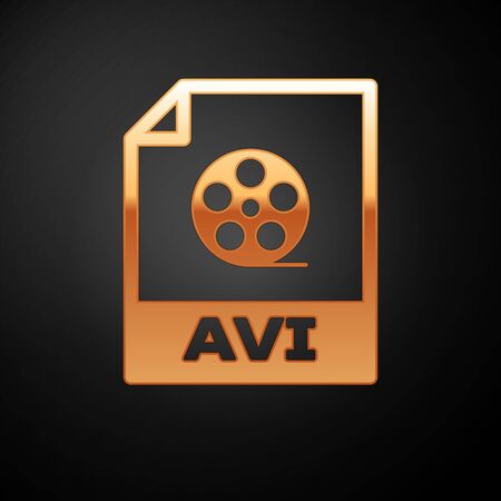 Gold AVI file document icon. Download avi button icon isolated on black background. AVI file symbol. Vector Illustrationのイラスト素材