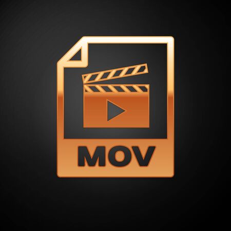 Gold MOV file document icon. Download mov button icon isolated on black background. MOV file symbol. Audio and video collection. Vector Illustrationのイラスト素材