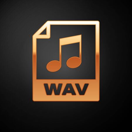 Gold WAV file document icon. Download wav button icon isolated on black background. WAV waveform audio file format for digital audio riff files. Vector Illustrationのイラスト素材