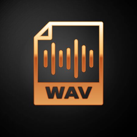 Gold WAV file document icon. Download wav button icon isolated on black background. WAV waveform audio file format for digital audio riff files. Vector Illustrationのイラスト素材