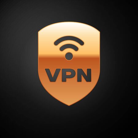 Gold Shield with VPN and wifi wireless internet network symbol icon isolated on black background. VPN protect safety concept. Vector Illustrationのイラスト素材
