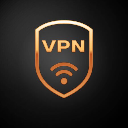 Gold Shield with VPN and wifi wireless internet network symbol icon isolated on black background. VPN protect safety concept. Vector Illustrationのイラスト素材