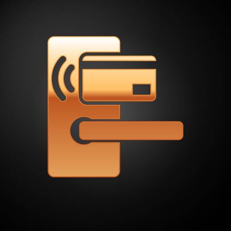 Gold Digital door lock with wireless technology for unlock icon isolated on black background. Door handle sign. Security smart home of concept. Vector Illustrationのイラスト素材