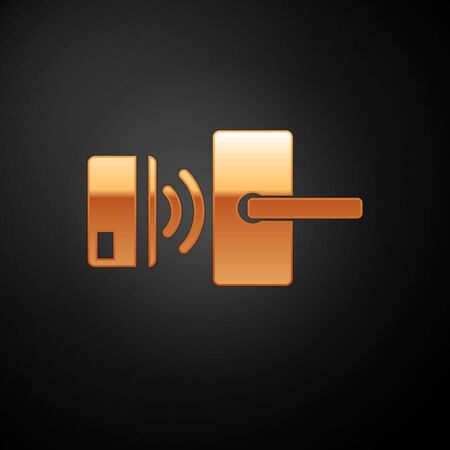 Gold Digital door lock with wireless technology for unlock icon isolated on black background. Door handle sign. Security smart home of concept. Vector Illustrationのイラスト素材
