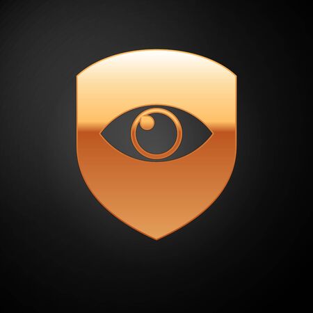 Gold Shield and eye icon isolated on black background. Security, safety, protection, privacy concept. Vector Illustrationのイラスト素材