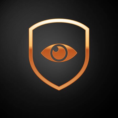 Gold Shield and eye icon isolated on black background. Security, safety, protection, privacy concept. Vector Illustrationのイラスト素材