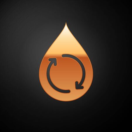 Gold Recycle clean aqua icon isolated on black background. Drop of water with sign recycling. Vector Illustrationのイラスト素材