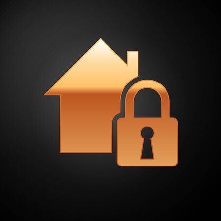 Gold House under protection icon isolated on black background. Home and lock. Protection, safety, security, protect, defense concept. Vector Illustrationのイラスト素材