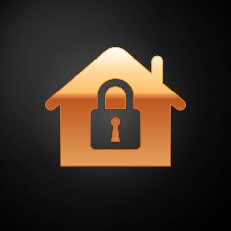 Gold House under protection icon isolated on black background. Home and lock. Protection, safety, security, protect, defense concept. Vector Illustrationのイラスト素材