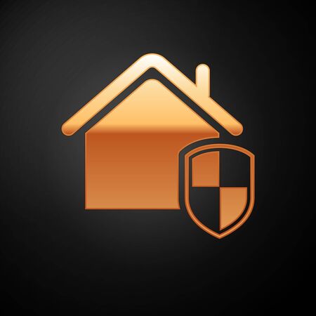 Gold House under protection icon isolated on black background. Home and shield. Protection, safety, security, protect, defense concept. Vector Illustrationのイラスト素材