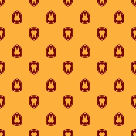 Red Dental protection icon isolated seamless pattern on brown background. Tooth on shield logo icon. Flat design. Vector Illustrationのイラスト素材