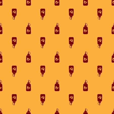 Red Ketchup bottle icon isolated seamless pattern on brown background. Fire flame icon. Hot chili pepper pod sign. Barbecue and BBQ grill symbol. Vector Illustrationのイラスト素材