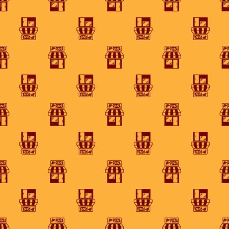 Red Pizzeria building facade icon isolated seamless pattern on brown background. Fast food pizzeria kiosk. Vector Illustrationのイラスト素材