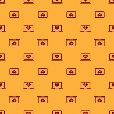 Red Laptop computer with 18 plus content heart icon isolated seamless pattern on brown background. Age restriction symbol. 18 plus content sign. Adult channel. Vector Illustrationのイラスト素材