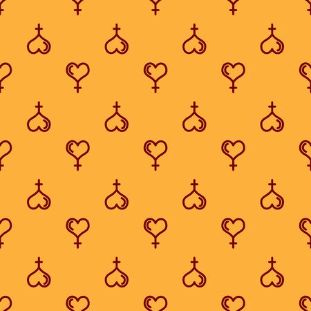 Red Female gender symbol and heart icon isolated seamless pattern on brown background. Venus symbol. The symbol for a female organism or woman. Vector Illustrationのイラスト素材