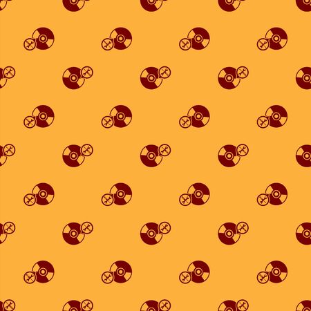 Red CD or DVD disk with screwdriver and wrench icon isolated seamless pattern on brown background. Adjusting, service, setting, maintenance, repair, fixing. Vector Illustrationのイラスト素材