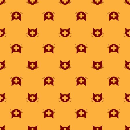 Red Veterinary clinic symbol icon isolated seamless pattern on brown background. Cross with cat veterinary care. Pet First Aid sign. Vector Illustrationのイラスト素材