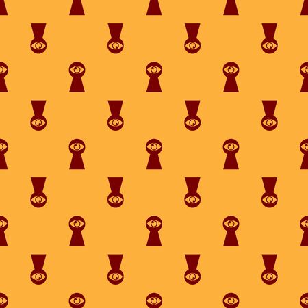 Red Keyhole with eye icon isolated seamless pattern on brown background. The eye looks into the keyhole. Keyhole eye hole. Vector Illustrationのイラスト素材