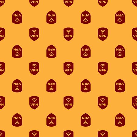 Red Shield with VPN and wifi wireless internet network symbol icon isolated seamless pattern on brown background. VPN protect safety concept. Vector Illustrationのイラスト素材