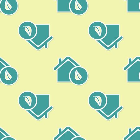 Green Eco friendly house icon isolated seamless pattern on yellow background. Eco house with leaf. Vector Illustrationのイラスト素材