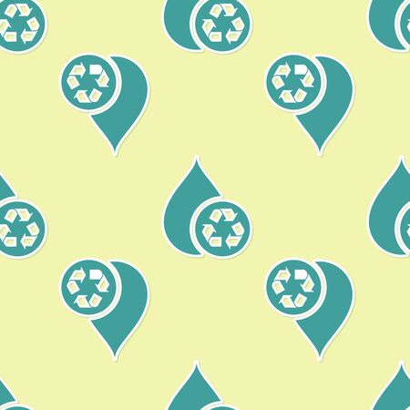 Green Recycle clean aqua icon isolated seamless pattern on yellow background. Drop of water with sign recycling. Vector Illustrationのイラスト素材