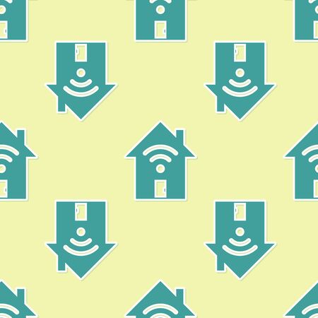 Green Smart home with wi-fi icon isolated seamless pattern on yellow background. Remote control. Vector Illustrationのイラスト素材