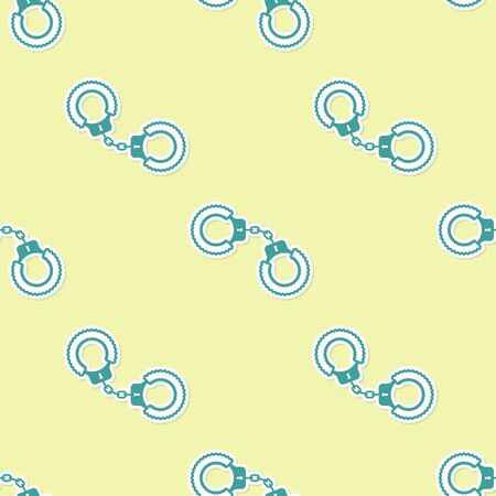 Green Sexy fluffy handcuffs icon isolated seamless pattern on yellow background. Handcuffs with fur. Fetish accessory. Sex shop stuff for sadist and masochist. Vector Illustrationのイラスト素材